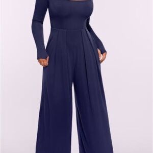 Shapellx-Long Sleeve Navy wide leg jumpsuit with Sweetheart Neckline